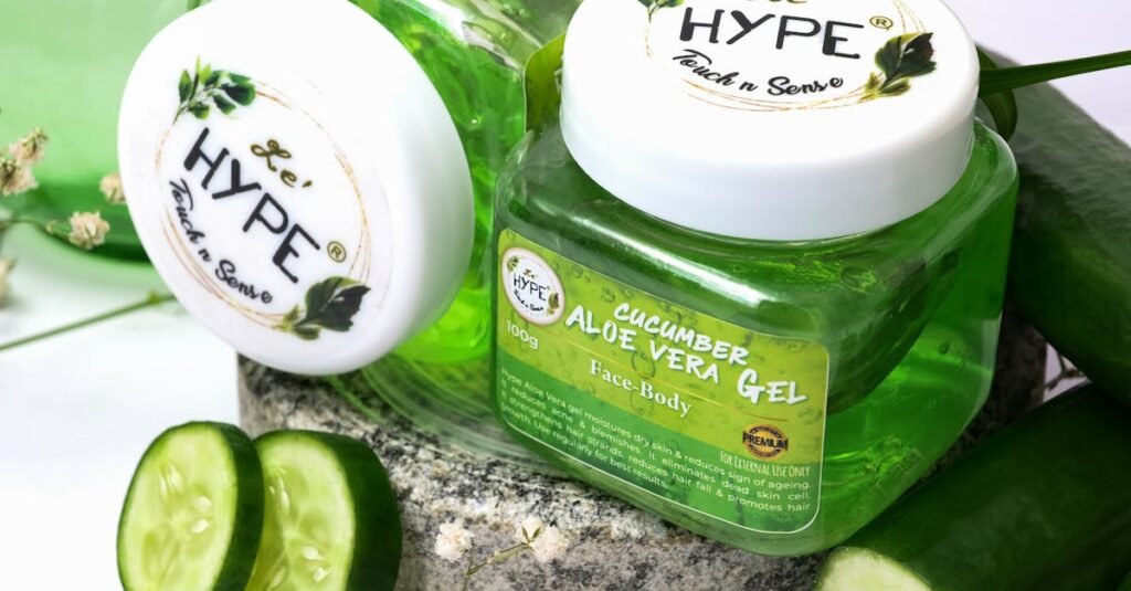 Refreshing cucumber aloe vera gel ideal for skincare, presented with fresh cucumber slices and green textures.
